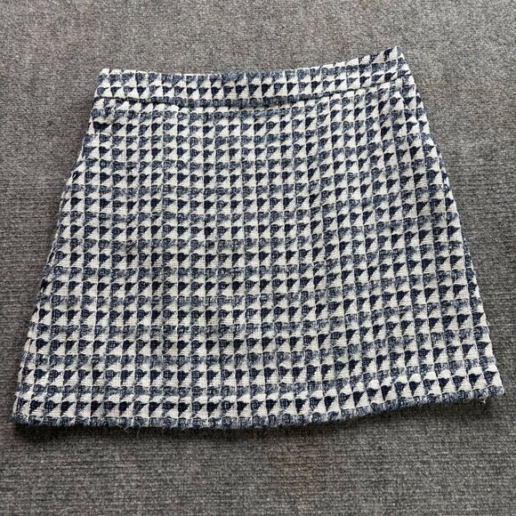 Loft Skirt Womens 12 Houndstooth Mini Blue White Pockets‎ Tweed Preppy Career - Picture 1 of 13